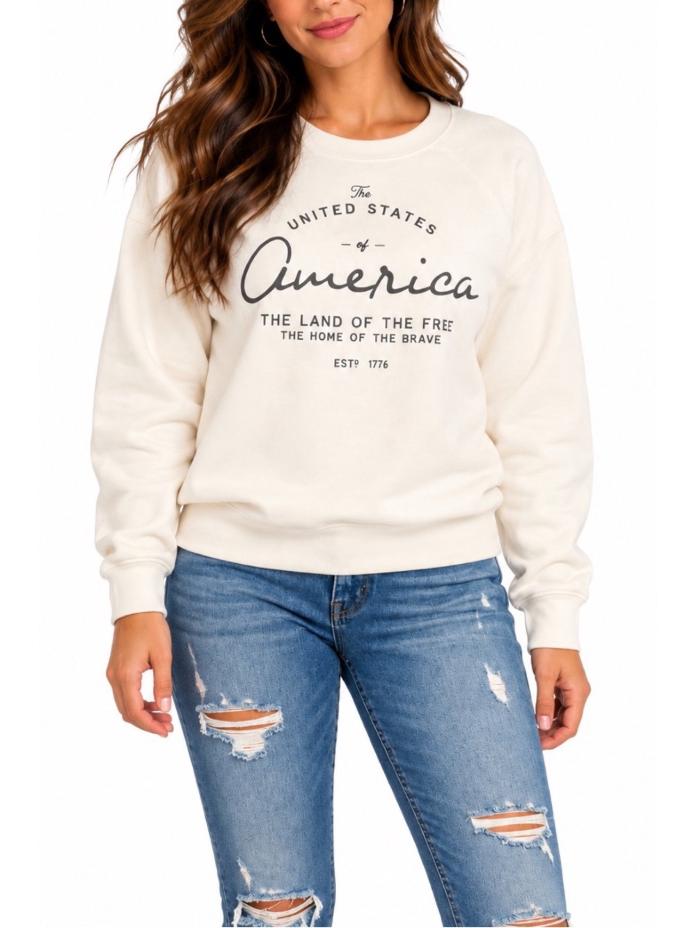 Women’s white United States of America patriotic sweatshirt, size Large